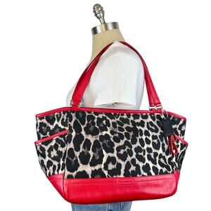 COACH Leopard Print Canvas Red Leather Tote Shoulder Purse Bag Authentic